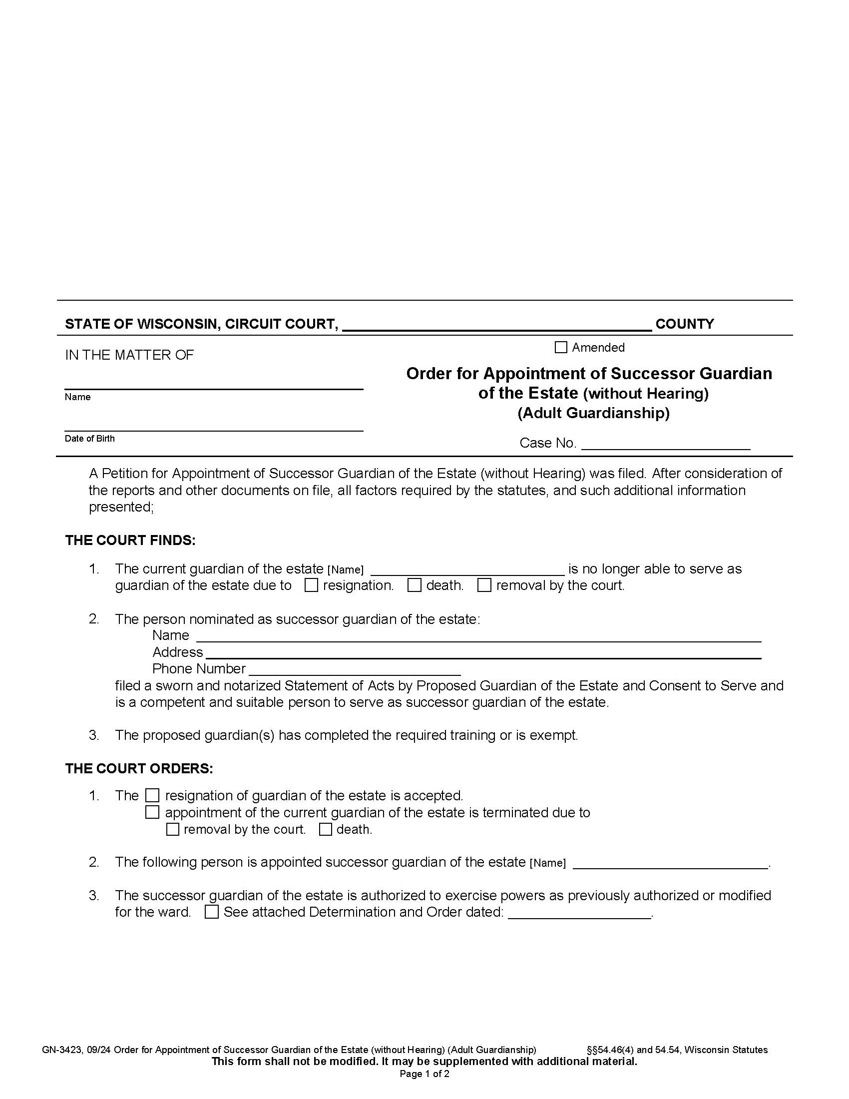 Order For Appointment Of Successor Guardian Of The Estate (Without Hearing) {GN-3423} | Pdf Fpdf Docx | Wisconsin