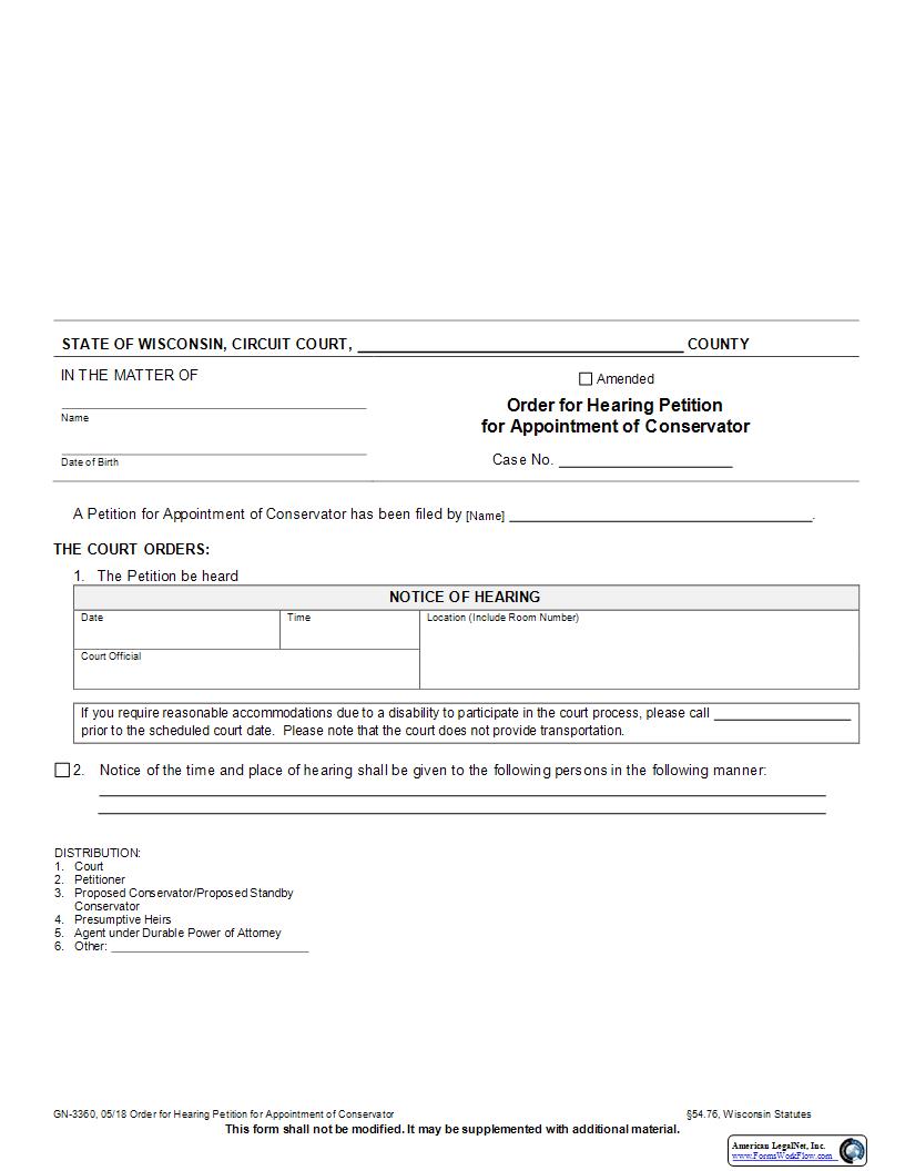 Order For Hearing Petition For Appointment Of Conservator {GN-3360} | Pdf Fpdf Docx | Wisconsin