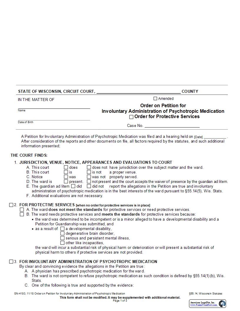Order For Petition For Involuntary Administration Of Psychotropic Medication {GN-4180} | Pdf Fpdf Docx | Wisconsin