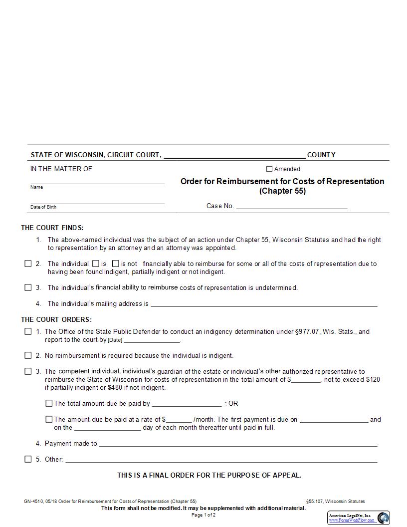Order For Reimbursement Of Costs Of Legal Services (Chapter 55) {GN-4510} | Pdf Fpdf Docx | Wisconsin