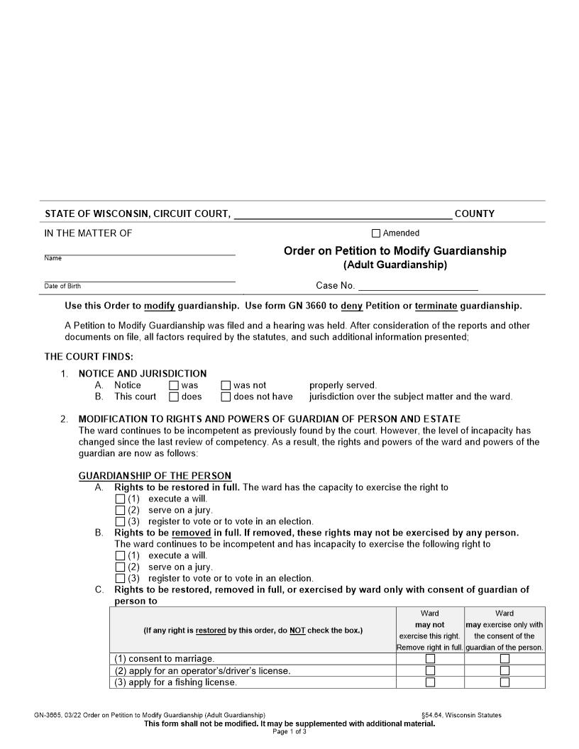 Order Modifying Guardianship {GN-3665} | Pdf Fpdf Docx | Wisconsin