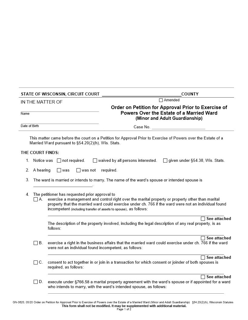 Order On Petition For Approval Prior To Exercise Of Powers Over The Estate Of A Married Ward {GN-3620} | Pdf Fpdf Docx | Wisconsin