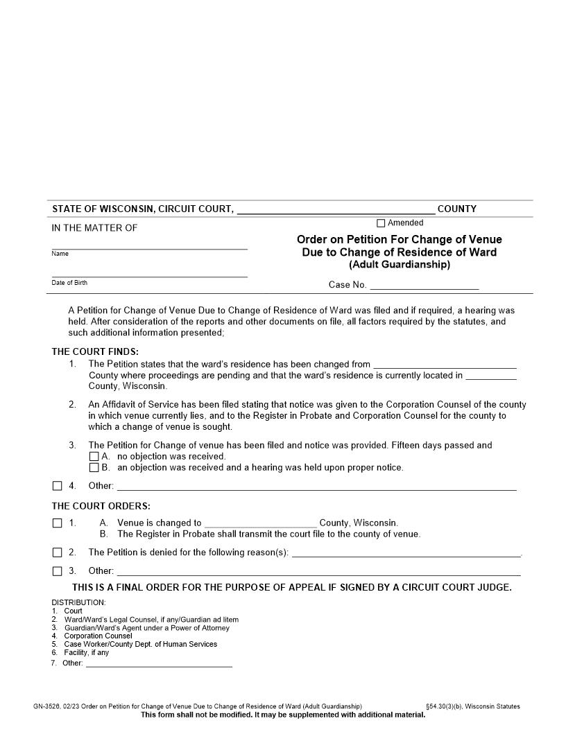 Order On Petition For Change Of Venue Due To Change Of Residence Of Ward {GN-3526} | Pdf Fpdf Docx | Wisconsin