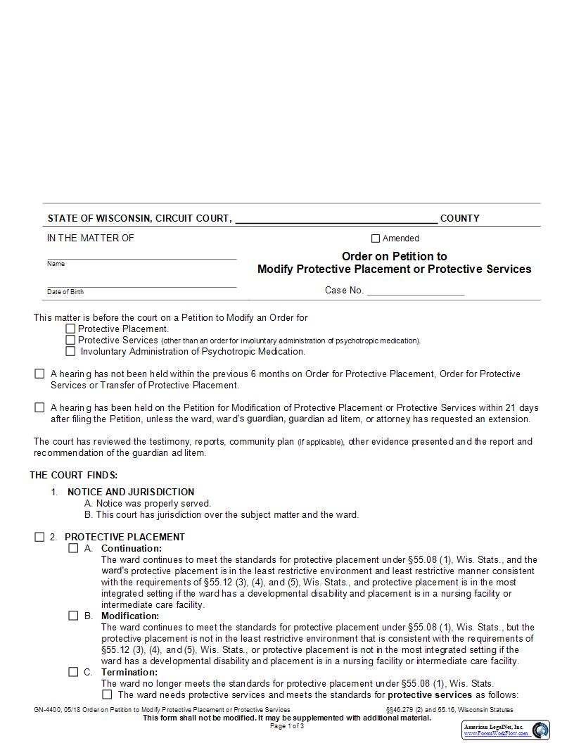 Order On Petition For Modification Of Order For Protective Placement Or Protective Services {GN-4400} | Pdf Fpdf Docx | Wisconsin