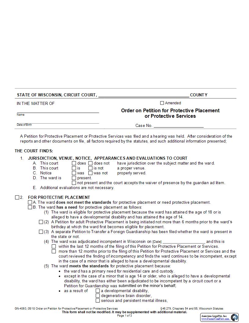 Order On Petition For Protective Placement Or Protective Services {GN-4060} | Pdf Fpdf Docx | Wisconsin