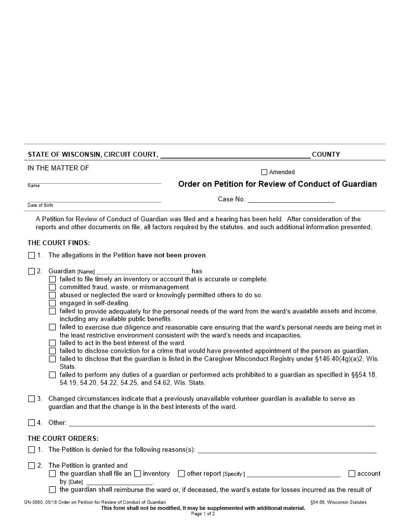 Order On Petition For Review Of Conduct Of Guardian {GN-3680} | Pdf Fpdf Docx | Wisconsin