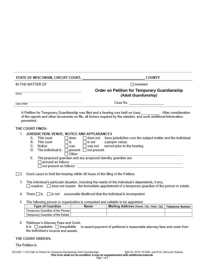 Order On Petition For Temporary Guardianship {GN-3250} | Pdf Fpdf Docx | Wisconsin