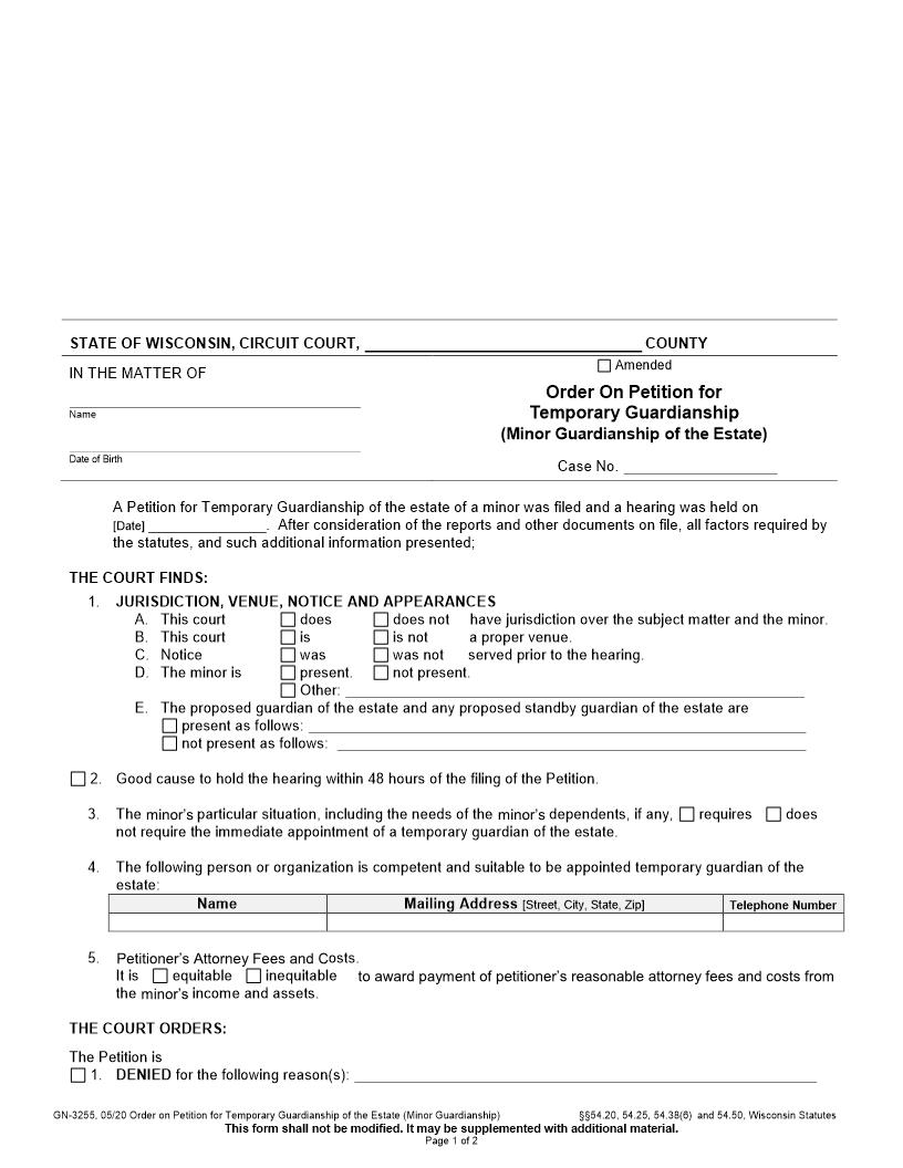 Order On Petition For Temporary Guardianship {GN-3255} | Pdf Fpdf Docx | Wisconsin