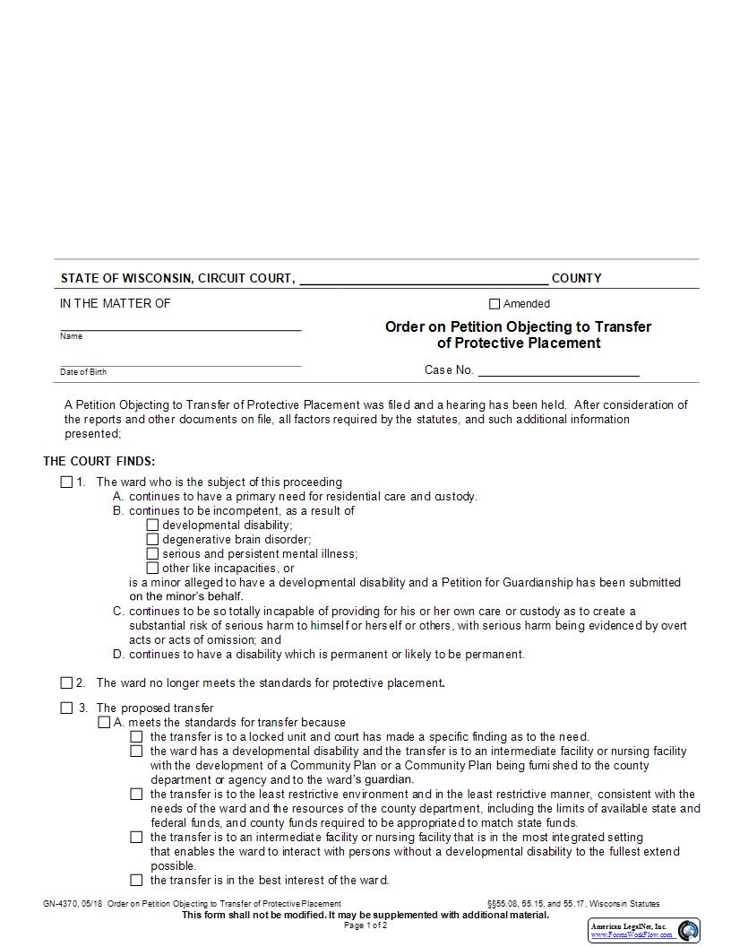 Order On Petition Objecting To Transfer Of Protective Placement {GN-4370} | Pdf Fpdf Docx | Wisconsin