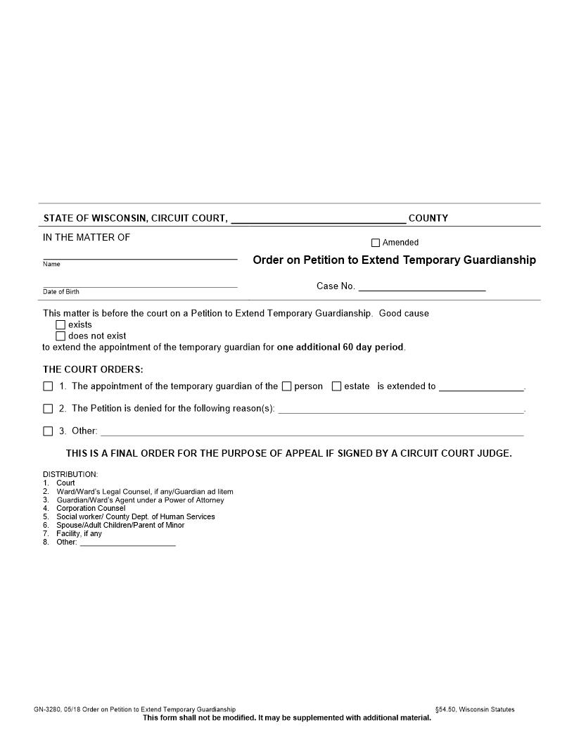 Order On Petition To Extend Temporary Guardianship {GN-3280} | Pdf Fpdf Docx | Wisconsin
