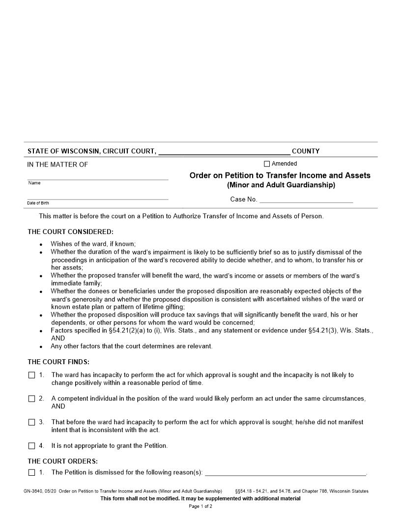 Order On Petition To Transfer Income And Assets {GN-3640} | Pdf Fpdf Docx | Wisconsin