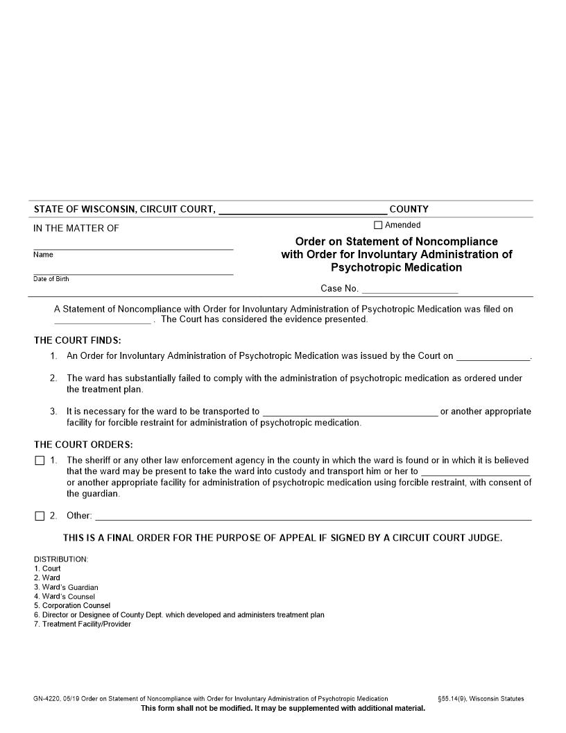 Order On Statement Of Noncompliance For Involuntary Adminstration Of Medication {GN-4220} | Pdf Fpdf Docx | Wisconsin