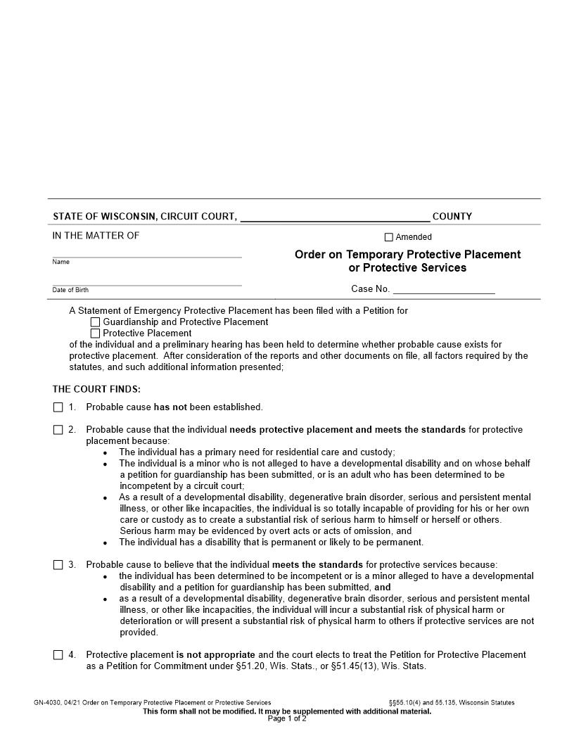 Order On Temporary Protective Placement Or Protective Services {GN-4030} | Pdf Fpdf Docx | Wisconsin