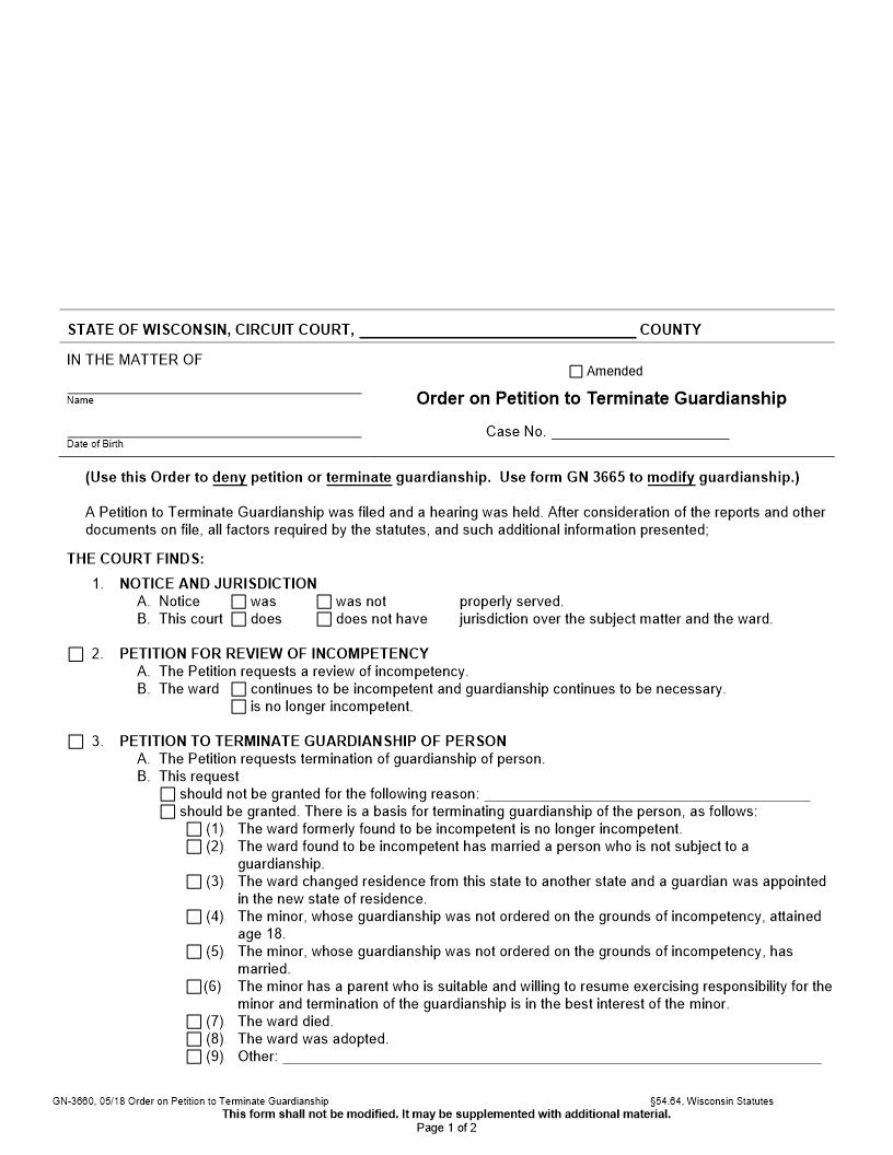 Order Terminating Guardianship Or Denying Petition {GN-3660} | Pdf Fpdf Docx | Wisconsin