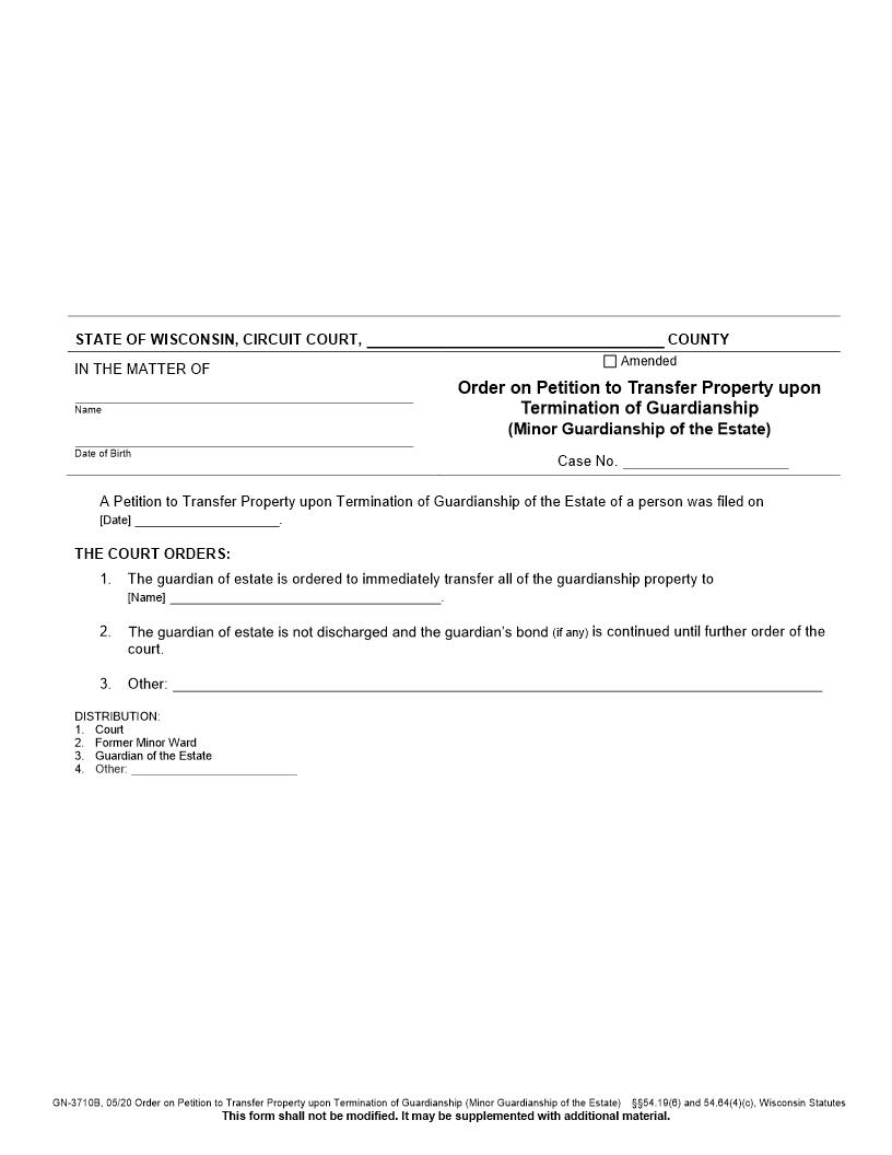 Order To Transfer Property Upon Termination Of Guardianship Of Minor {GN-3710B} | Pdf Fpdf Docx | Wisconsin