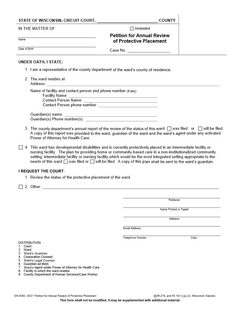 Petition For Annual Review Of Protective Placement {GN-4080} | Pdf Fpdf Docx | Wisconsin