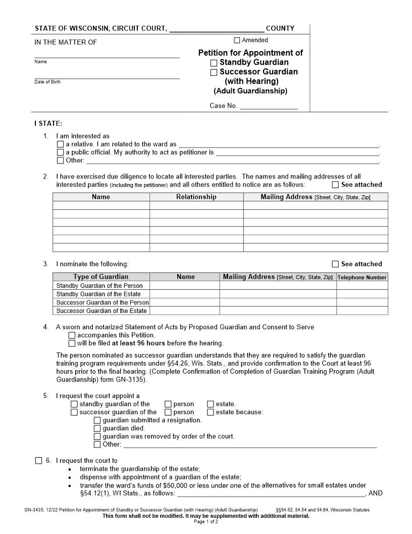 Petition For Appointment Of Standby Or Successor Guardian {GN-3435} | Pdf Fpdf Docx | Wisconsin