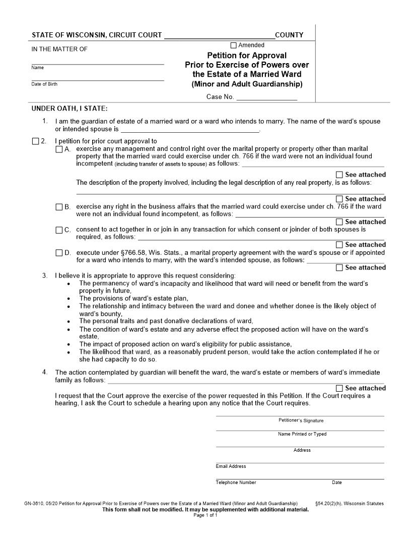 Petition For Approval Prior To Exercise Of Powers Over The Estate Of A Married Ward {GN-3610} | Pdf Fpdf Docx | Wisconsin