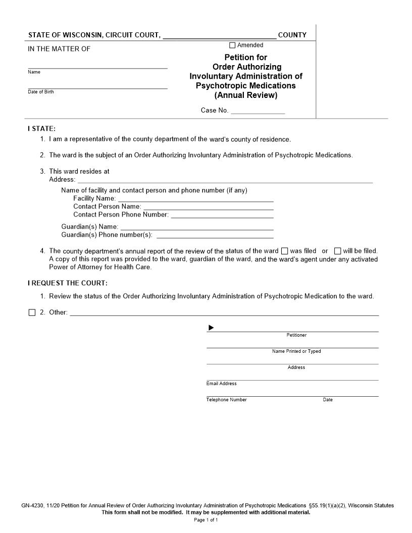 Petition For Authorizing Involuntary Administration Of Medication {GN-4230} | Pdf Fpdf Docx | Wisconsin