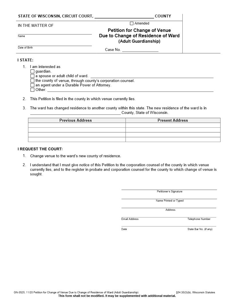 Petition For Change Of Venue Due To Change Of Residence Of Ward {GN-3525} | Pdf Fpdf Docx | Wisconsin