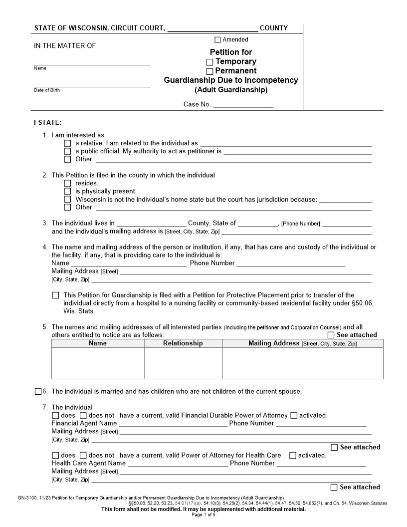Petition For Guardianship Due To Incompetency {GN-3100} | Pdf Fpdf Docx | Wisconsin