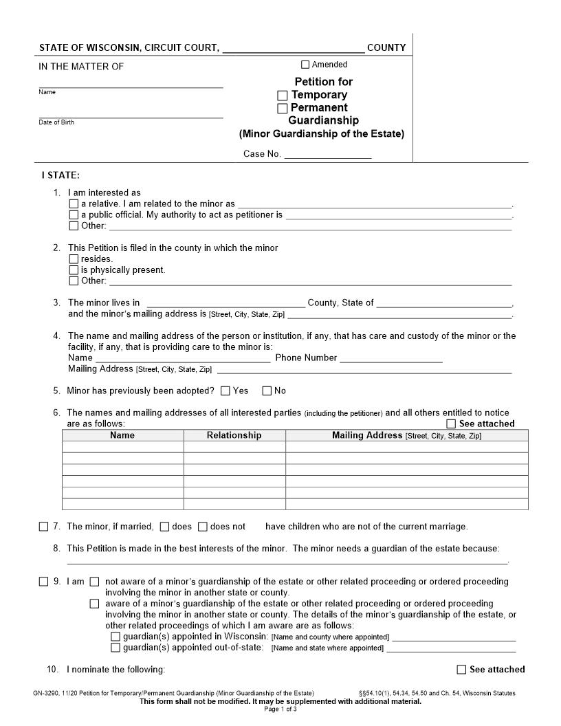 Petition For Guardianship Of Minor {GN-3290} | Pdf Fpdf Docx | Wisconsin