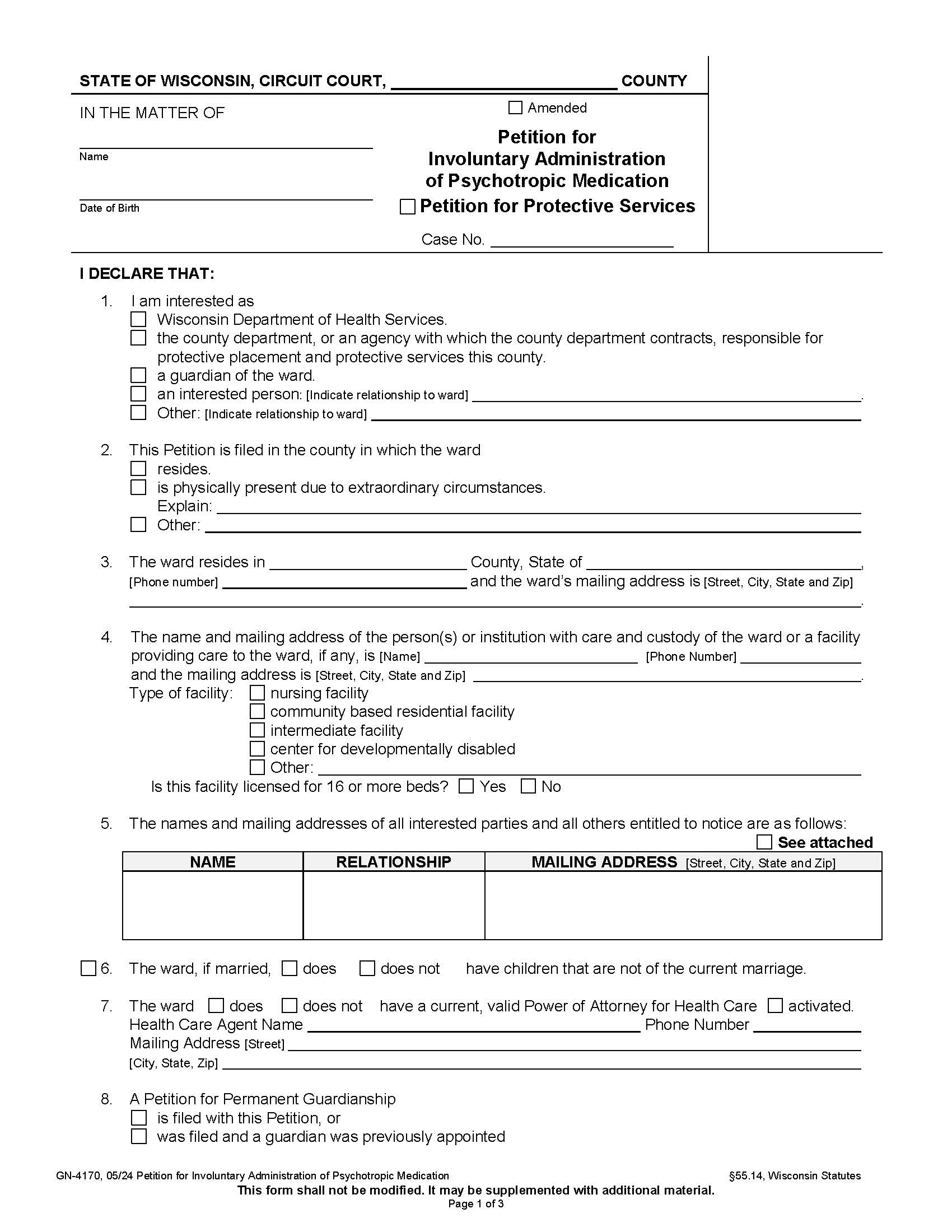 Petition For Involuntary Administration Of Psychotropic Medication {GN-4170} | Pdf Fpdf Docx | Wisconsin