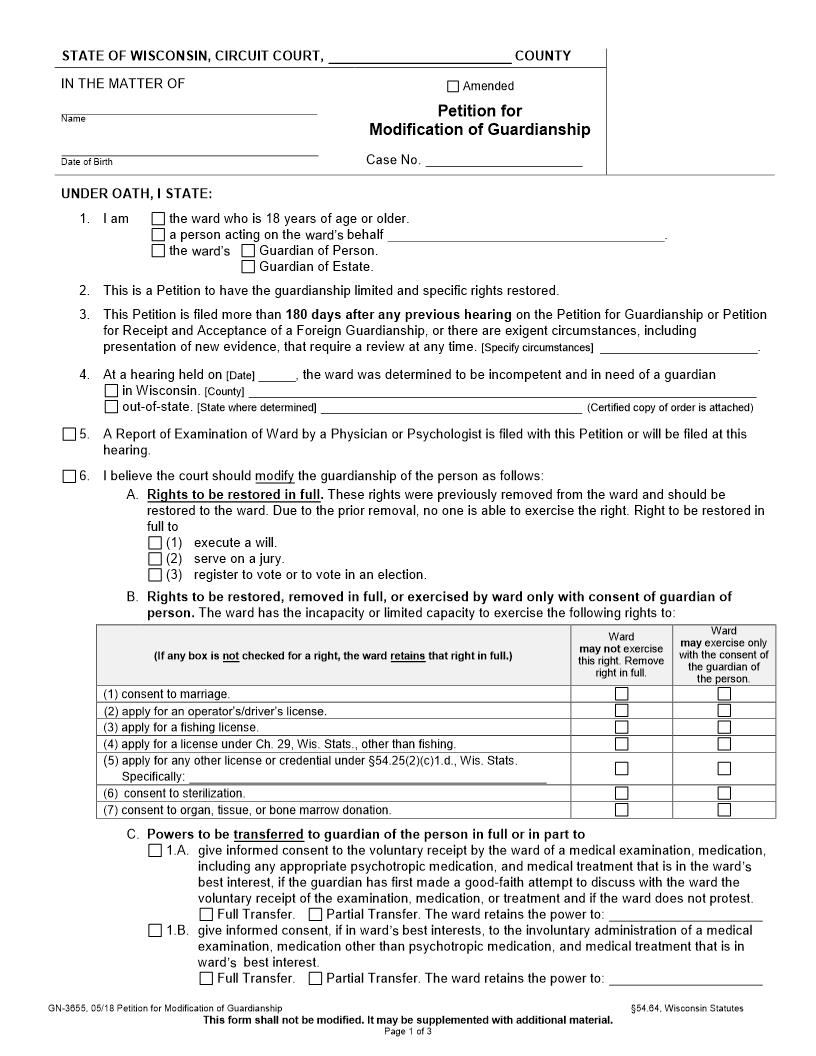 Petition For Modification Of Guardianship {GN-3655} | Pdf Fpdf Docx | Wisconsin