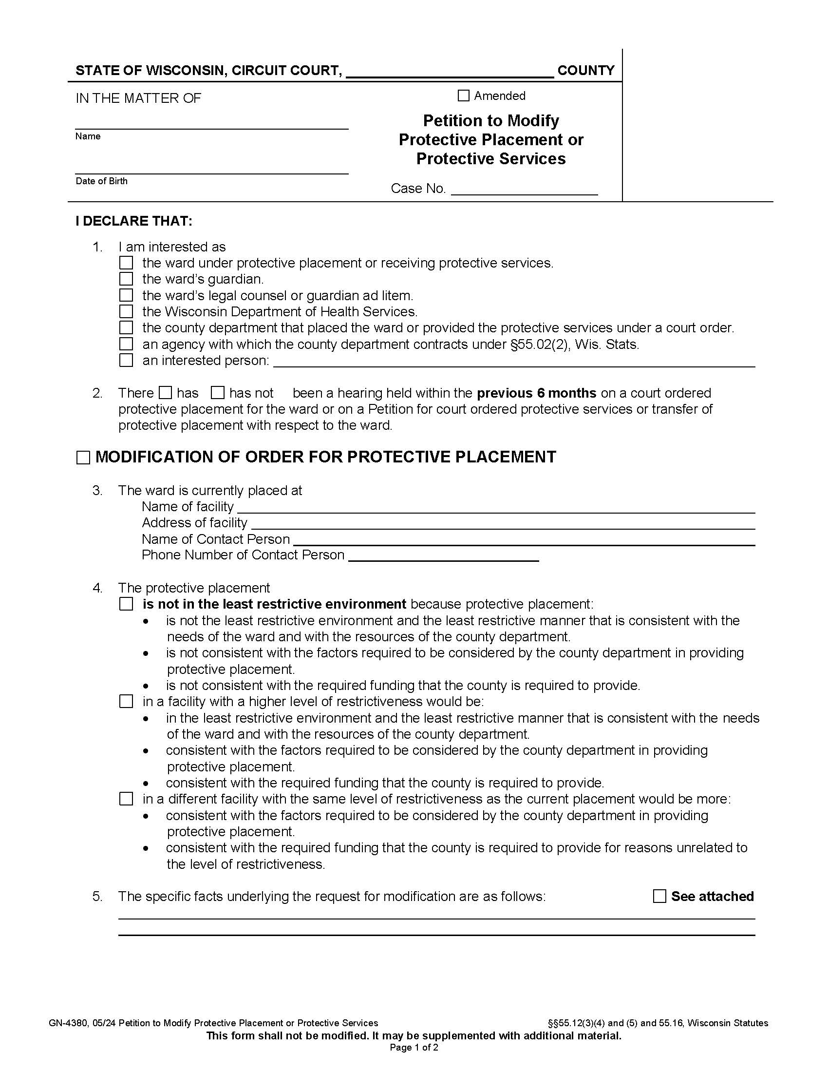 Petition For Modification Of Order For Protective Placement Or Protective Services {GN-4380} | Pdf Fpdf Docx | Wisconsin