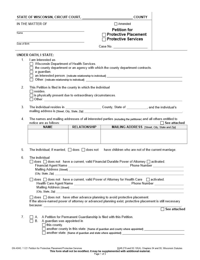 Petition For Protective Placement Protective Services {GN-4040} | Pdf Fpdf Docx | Wisconsin