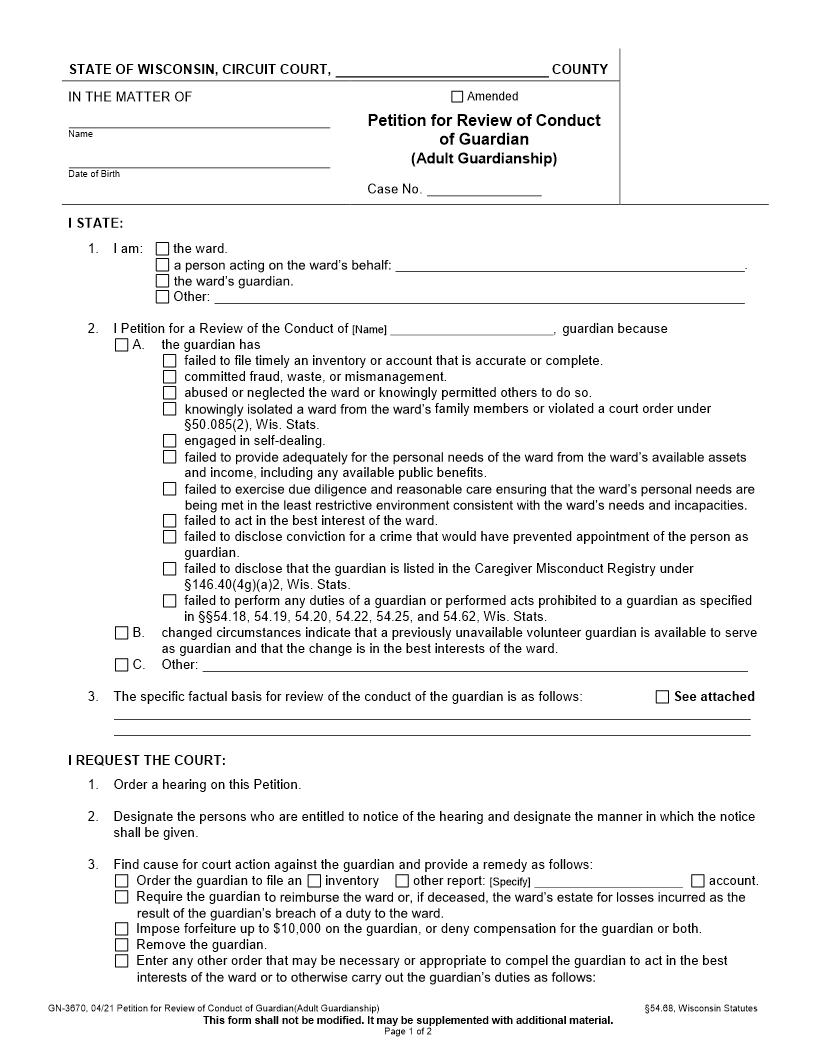 Petition For Review Of Conduct Of Guardian {GN-3670} | Pdf Fpdf Docx | Wisconsin
