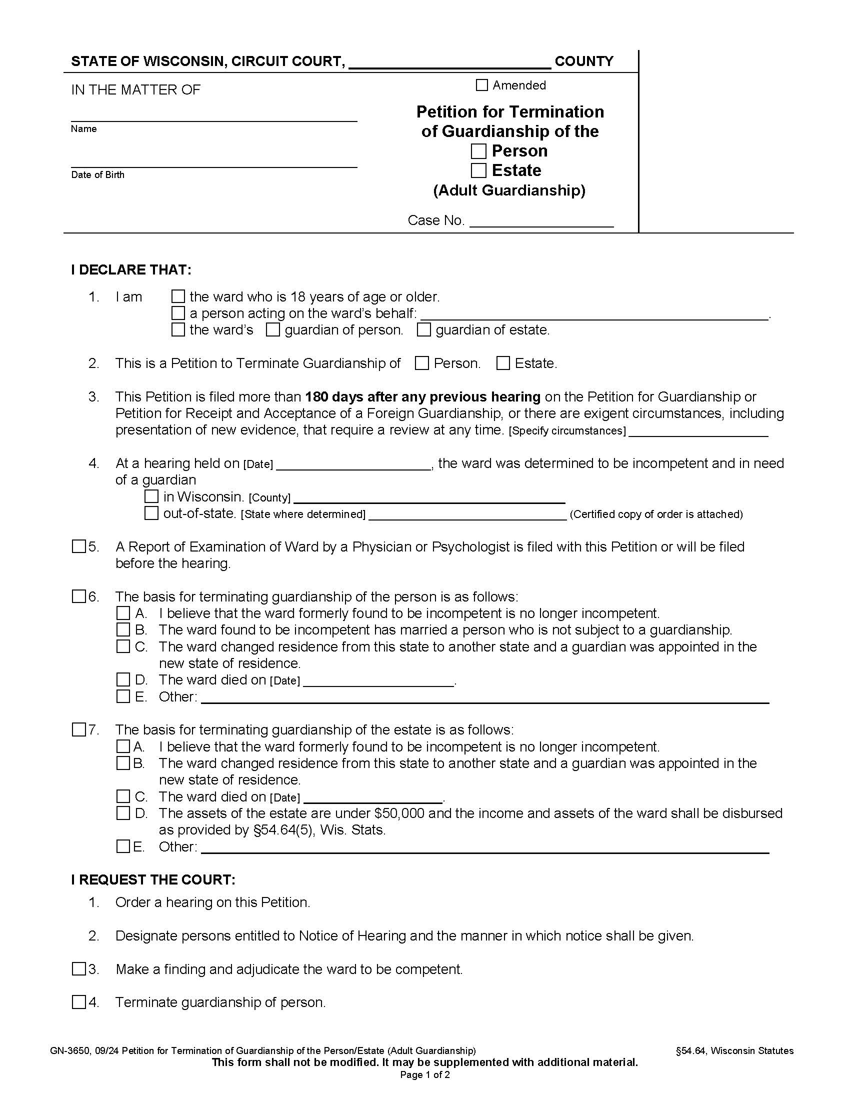 Petition For Termination Of Guardianship {GN-3650} | Pdf Fpdf Docx | Wisconsin