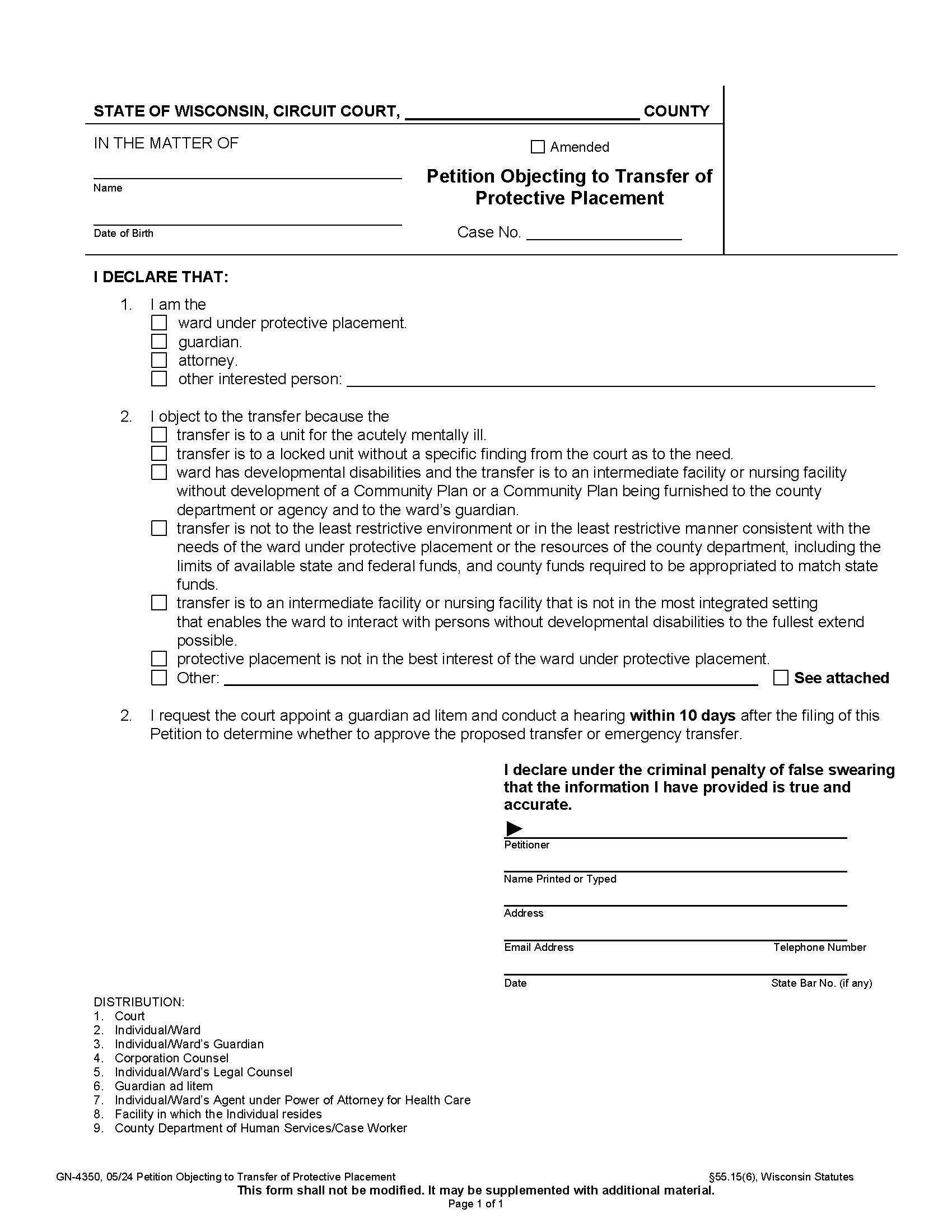 Petition Objecting To Transfer Of Protective Placement {GN-4350} | Pdf Fpdf Docx | Wisconsin