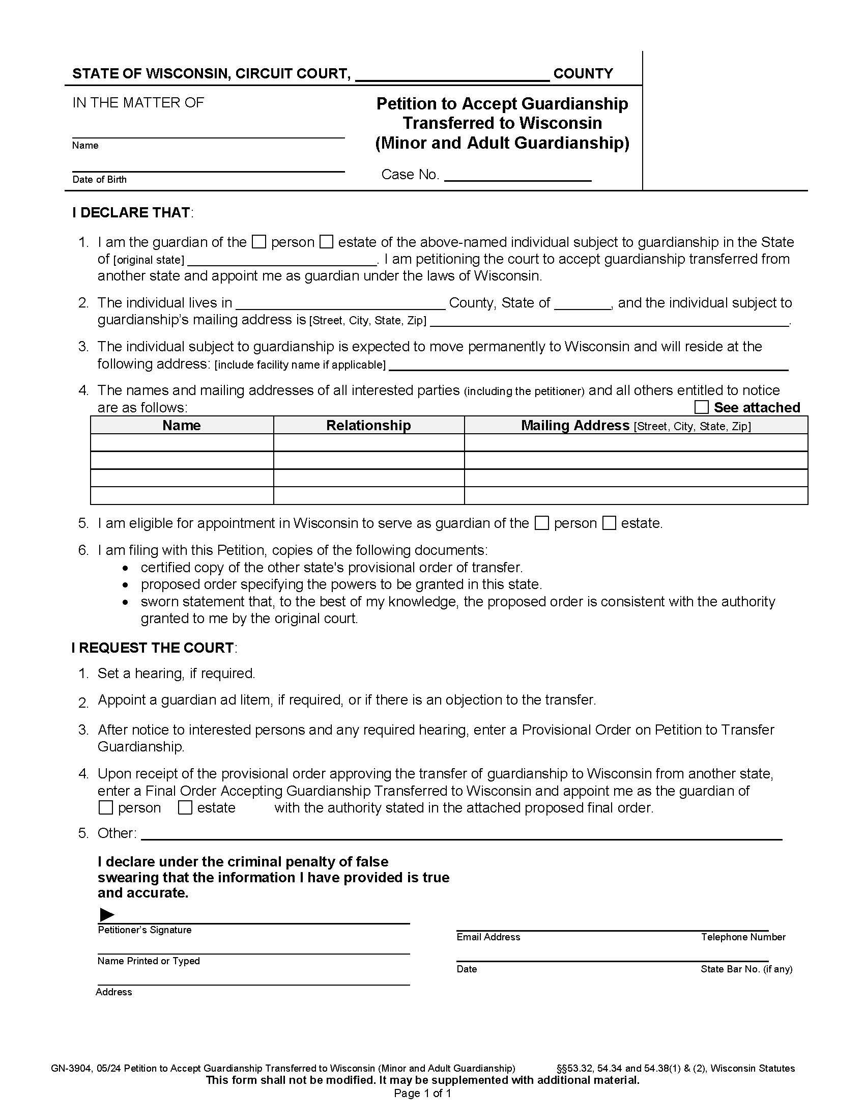 Petition To Accept Guardianship Transferred To WI {GN-3904} | Pdf Fpdf Docx | Wisconsin