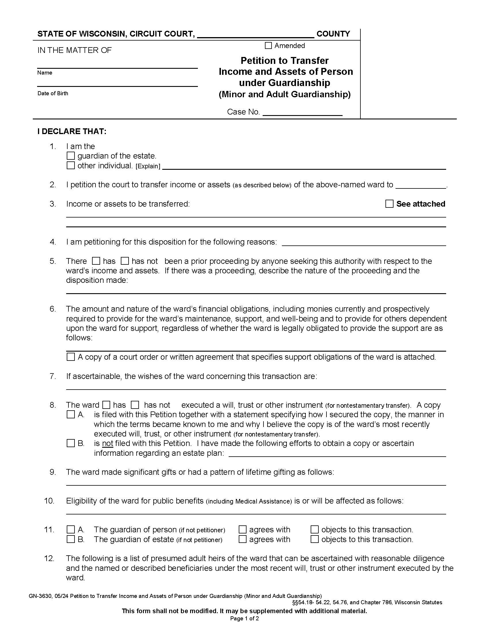 Petition To Authorize Transfer Of Income And Assets Of Person Under Guardianship {GN-3630} | Pdf Fpdf Docx | Wisconsin