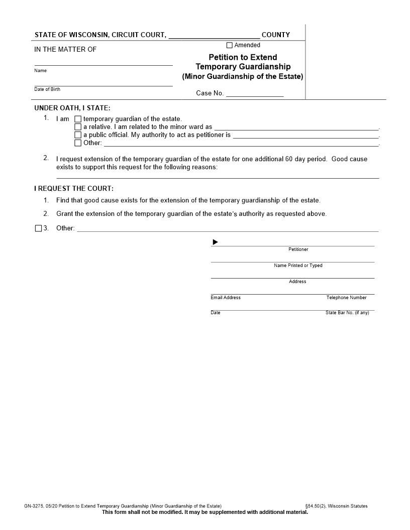 Petition To Extend Temp Guardianship {GN-3275} | Pdf Fpdf Docx | Wisconsin