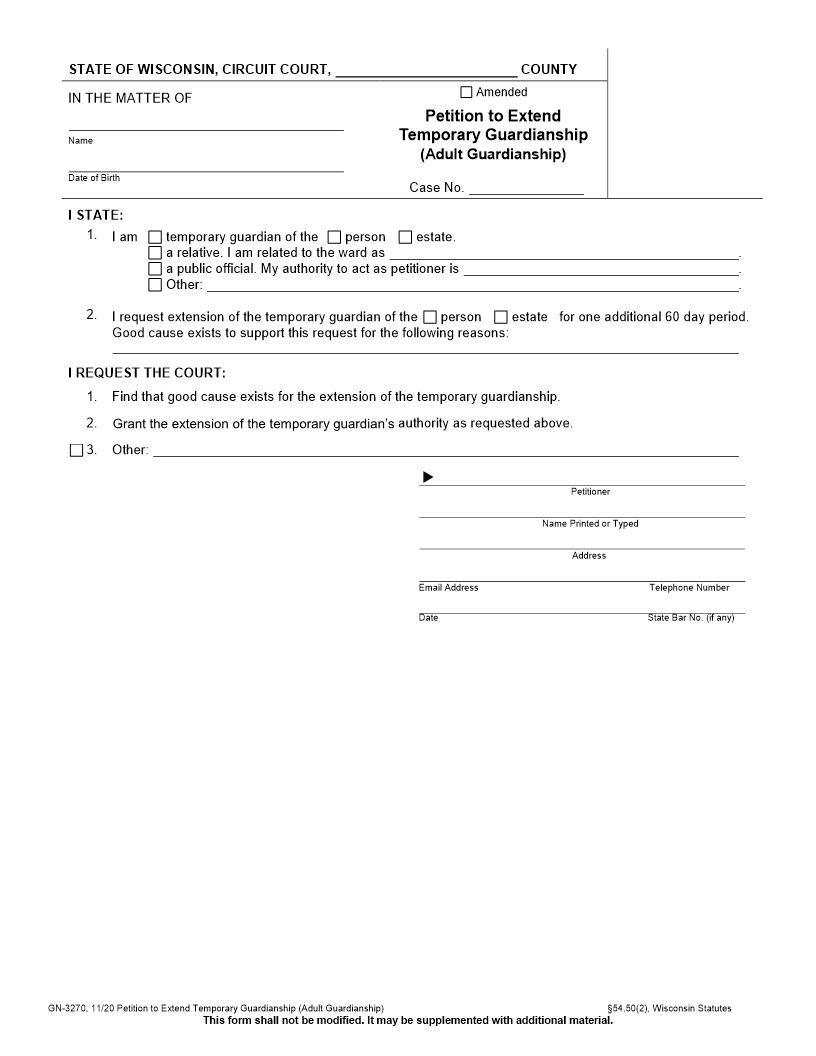 Petition To Extend Temporary Guardianship {GN-3270} | Pdf Fpdf Docx | Wisconsin