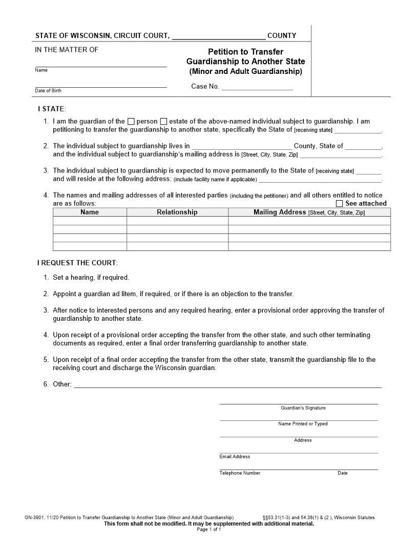 Petition To Transfer Guardianship To Another State {GN-3901} | Pdf Fpdf Docx | Wisconsin