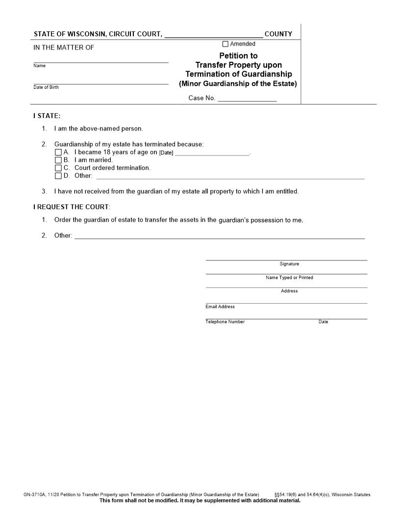 Petition To Transfer Property Upon Termination Of Guardianship Of Minor {GN-3710A} | Pdf Fpdf Docx | Wisconsin