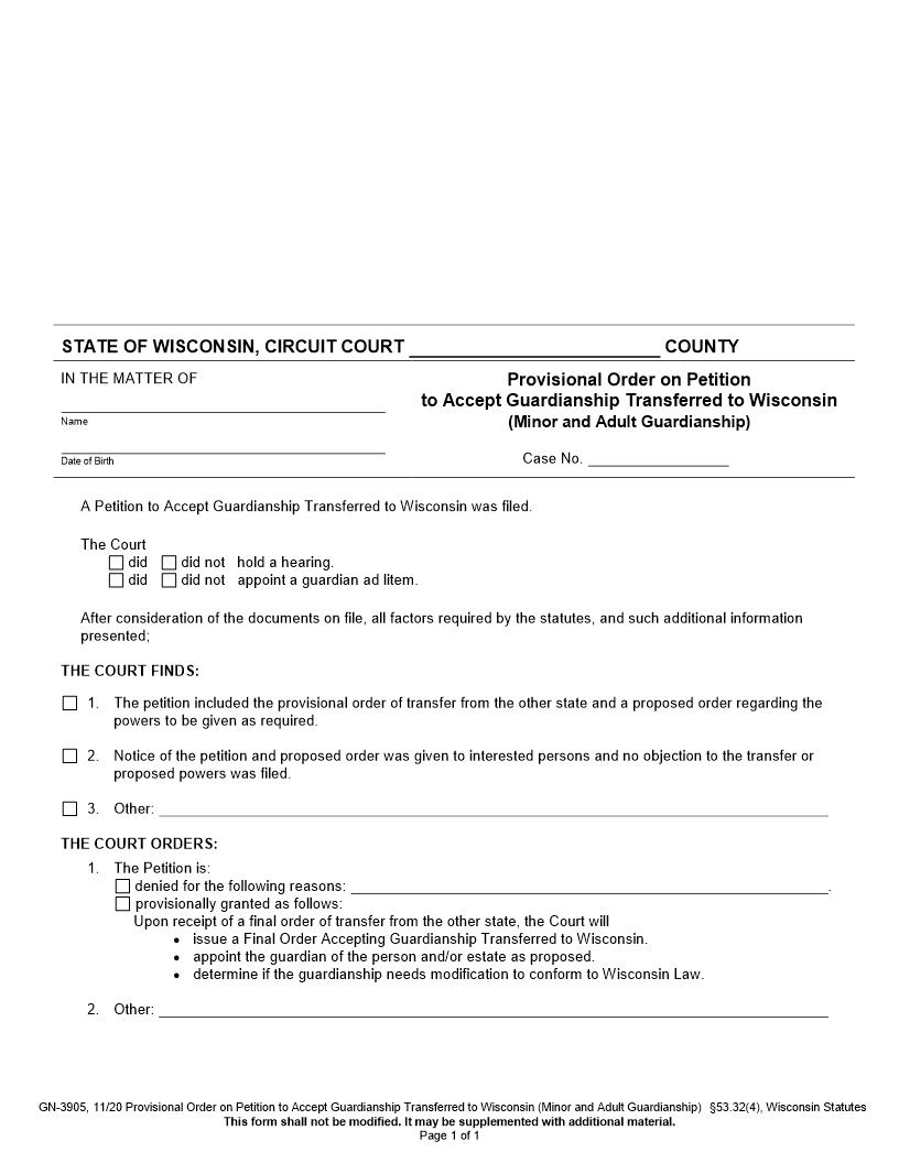 Provisional Order On Petition To Accept Guardianship Transferred To WI {GN-3905} | Pdf Fpdf Docx | Wisconsin