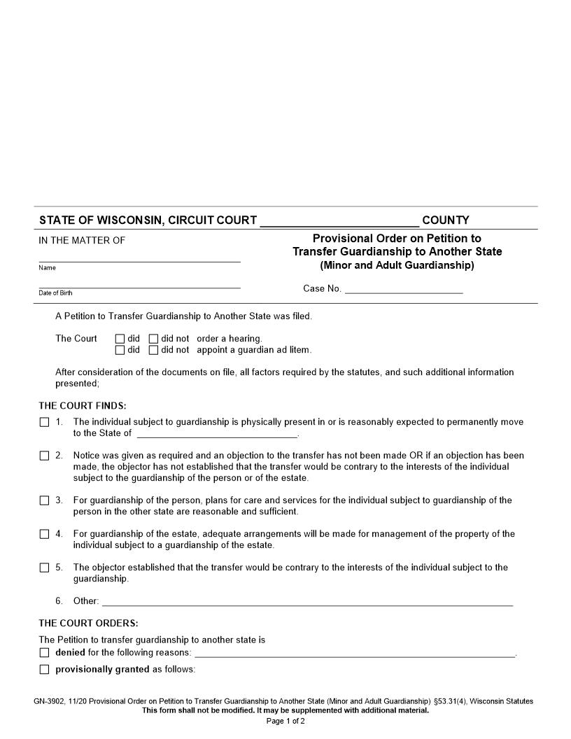 Provisional Order On Petition To Transfer Guardianship To Another State {GN-3902} | Pdf Fpdf Docx | Wisconsin