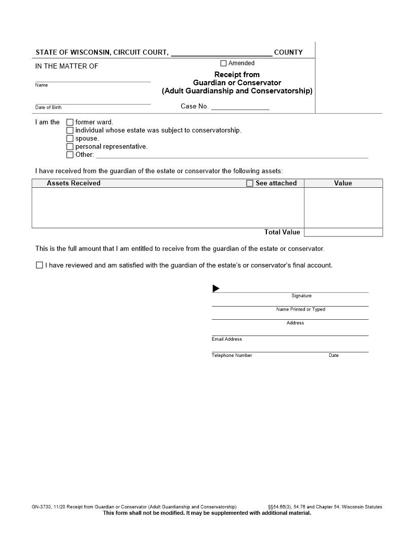Receipt From Guardian Or Conservator {GN-3730} | Pdf Fpdf Docx | Wisconsin