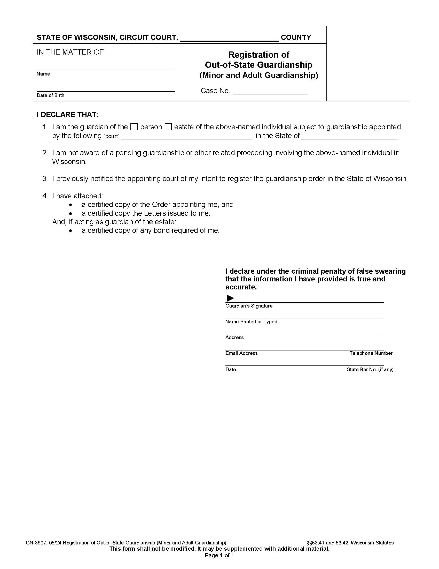 Registration Of Out Of State Guardianship {GN-3907} | Pdf Fpdf Docx | Wisconsin