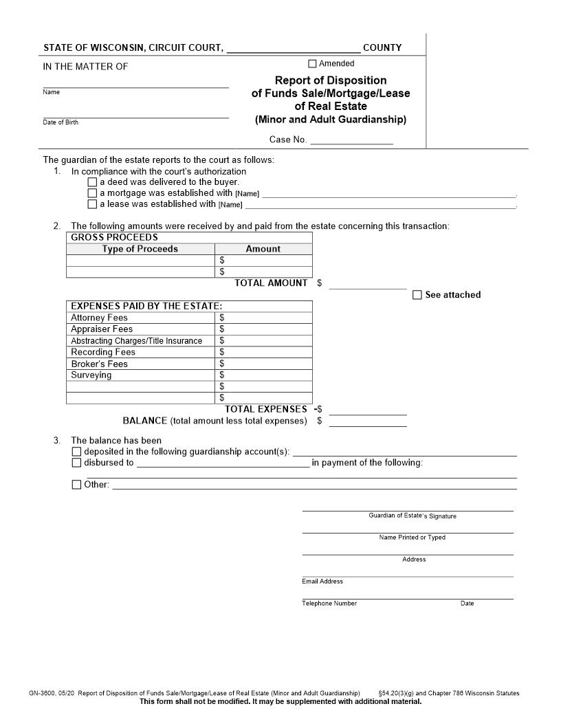 Report Of Disposition Of Funds Sale, Mortgage, Lease Of Real Estate {GN-3600} | Pdf Fpdf Docx | Wisconsin