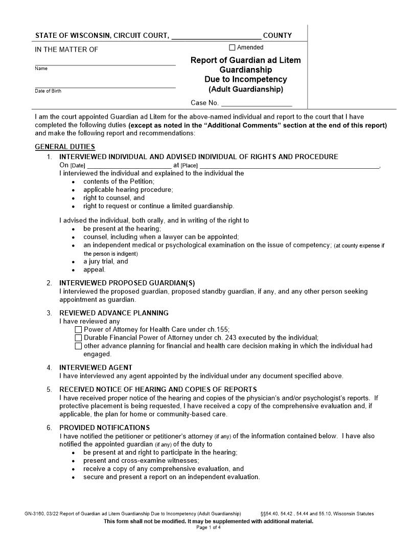 Report Of Guardian Ad Litem (Guardianship Due To Incompetency) {GN-3160} | Pdf Fpdf Docx | Wisconsin