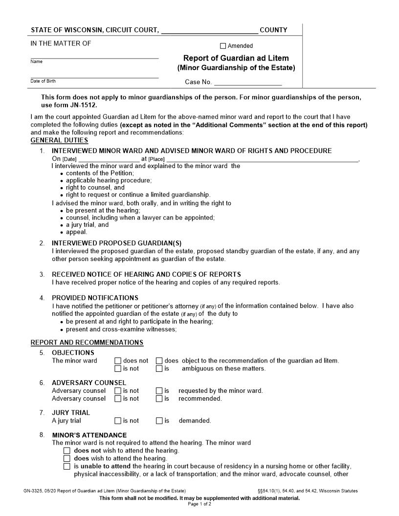 Report Of Guardian Ad Litem (Guardianship Of Minor) {GN-3325} | Pdf Fpdf Docx | Wisconsin