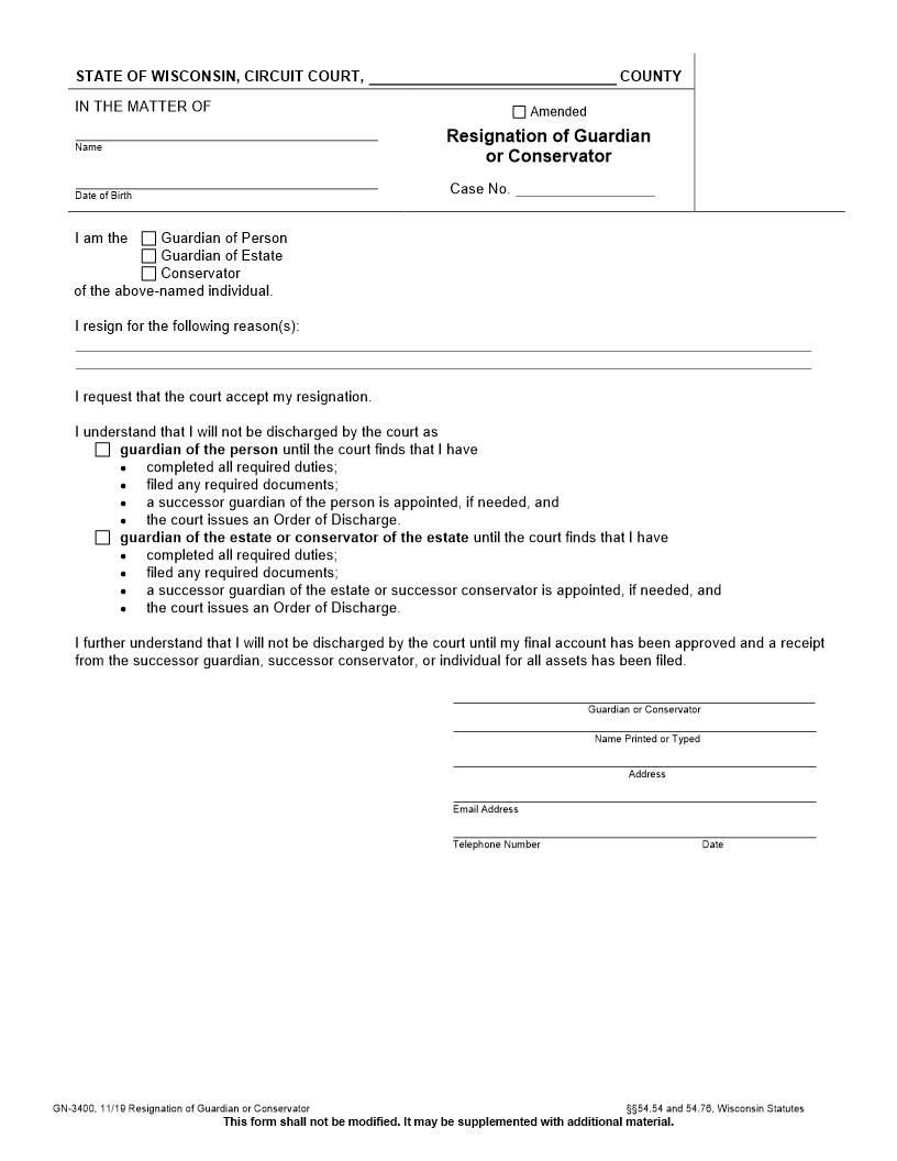 Resignation Of Guardian Or Conservator {GN-3400} | Pdf Fpdf Docx | Wisconsin