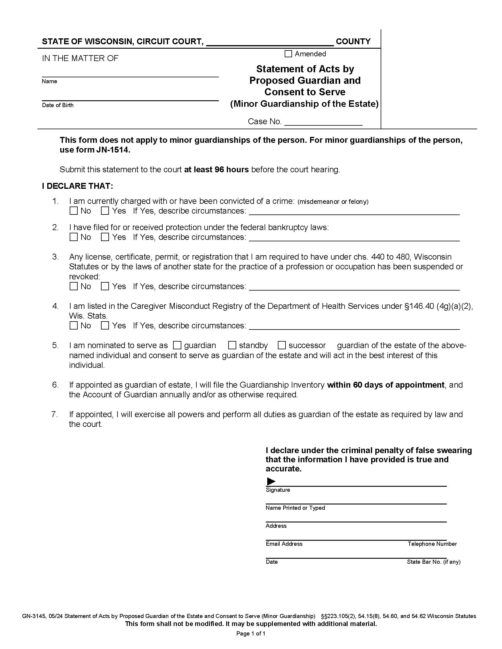 Statement Of Acts by Proposed Guardian {GN-3145} | Pdf Fpdf Docx | Wisconsin