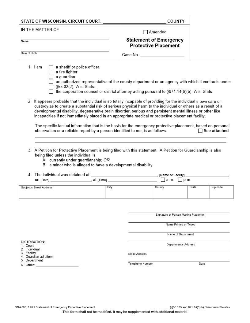 Statement Of Emergency Protective Placement {GN-4000} | Pdf Fpdf Docx | Wisconsin