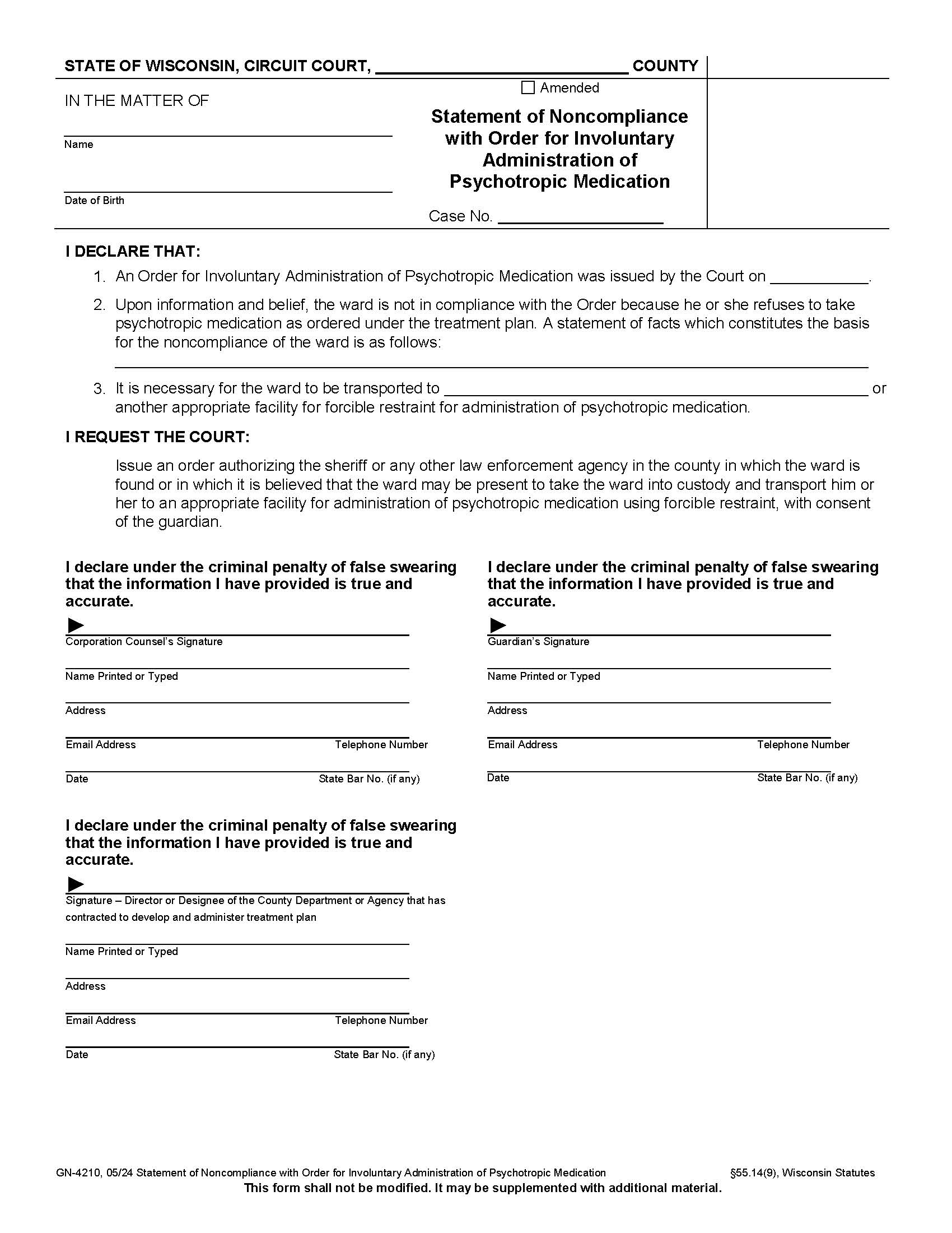 Statement Of Noncompliance With Order Of Involuntary Administration of Medication {GN-4210} | Pdf Fpdf Docx | Wisconsin